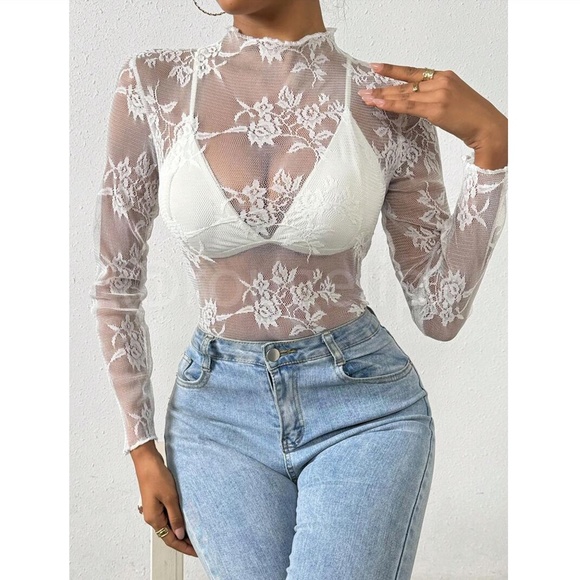 White Lace Sheer Floral Long Sleeve Top Shirt - Picture 6 of 8